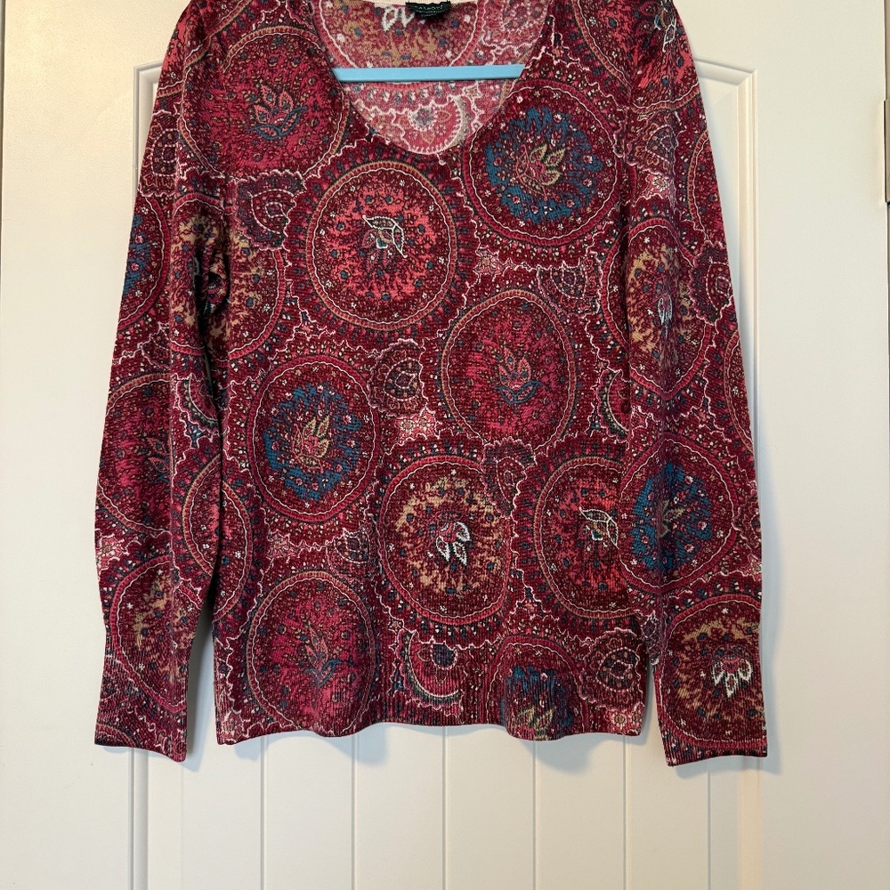 TALBOTS 100% Pure Merino Wool Circle Print Puff‎ Sleeve Sweater Size M